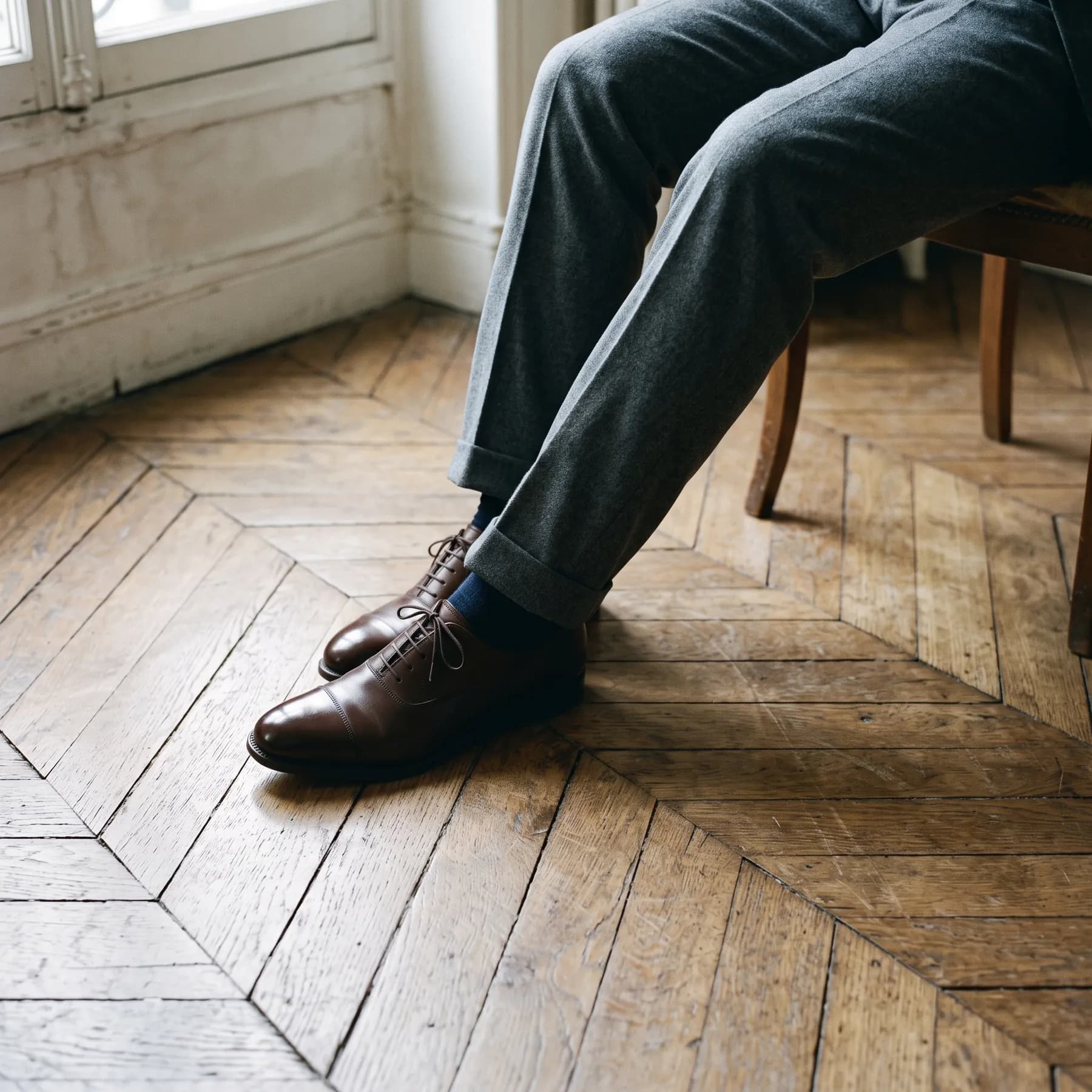 Richelieus marron et pantalon de flanelle grise sur un parquet