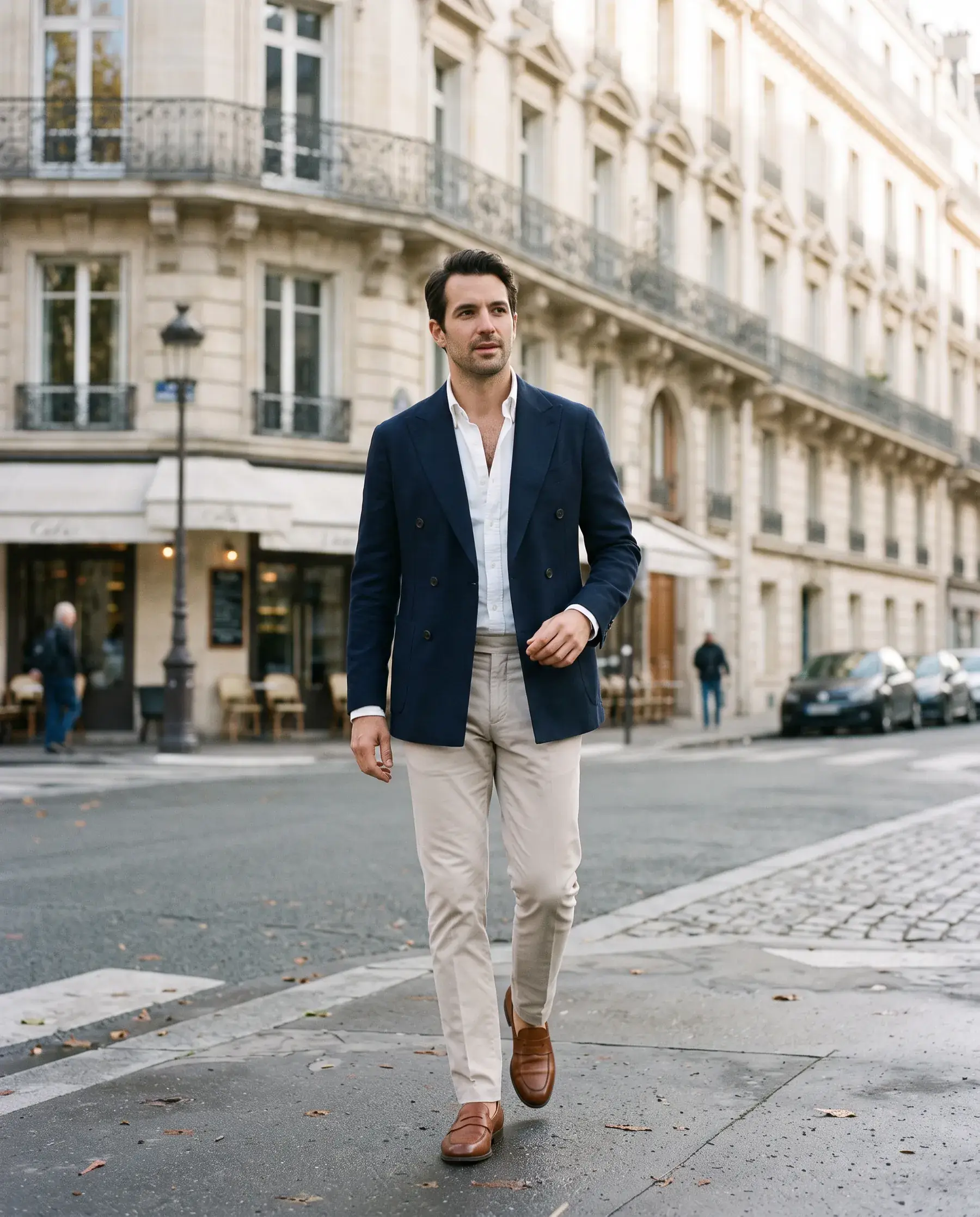 Homme en blazer croisé marine, chemise Oxford blanche et chino pierre dans une rue de Paris